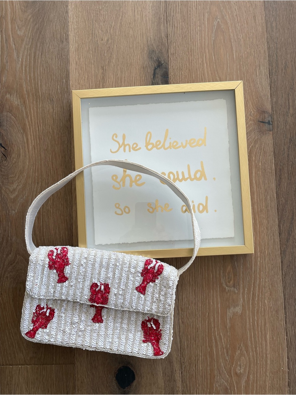 Viral Handcrafted Beaded/Sequin Lobster Shoulder Bag - White with Red Lobsters